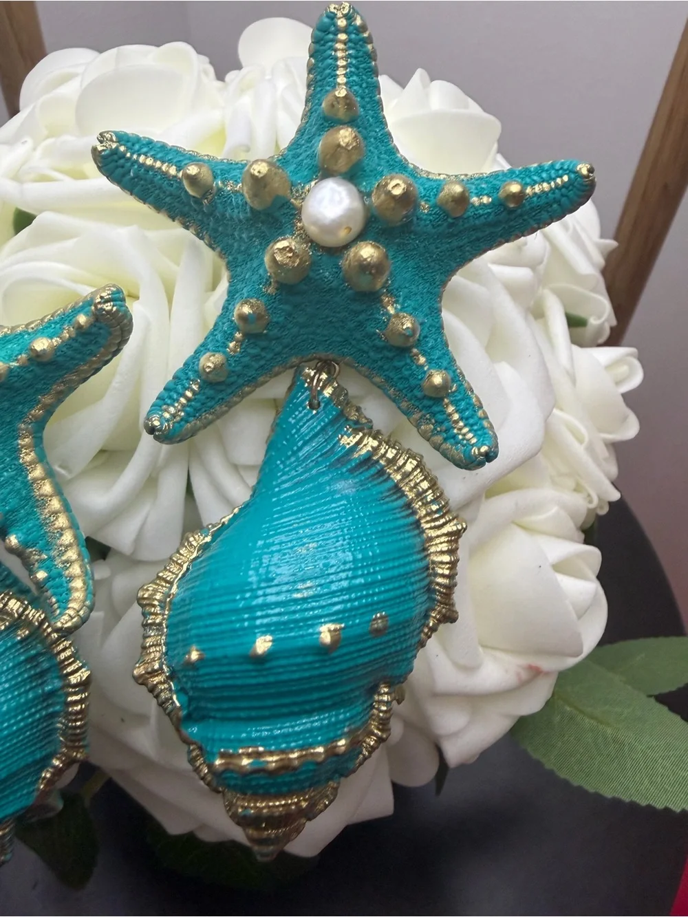 Turquoise Starfish & Shell Statement Earrings - Picture 3 of 8